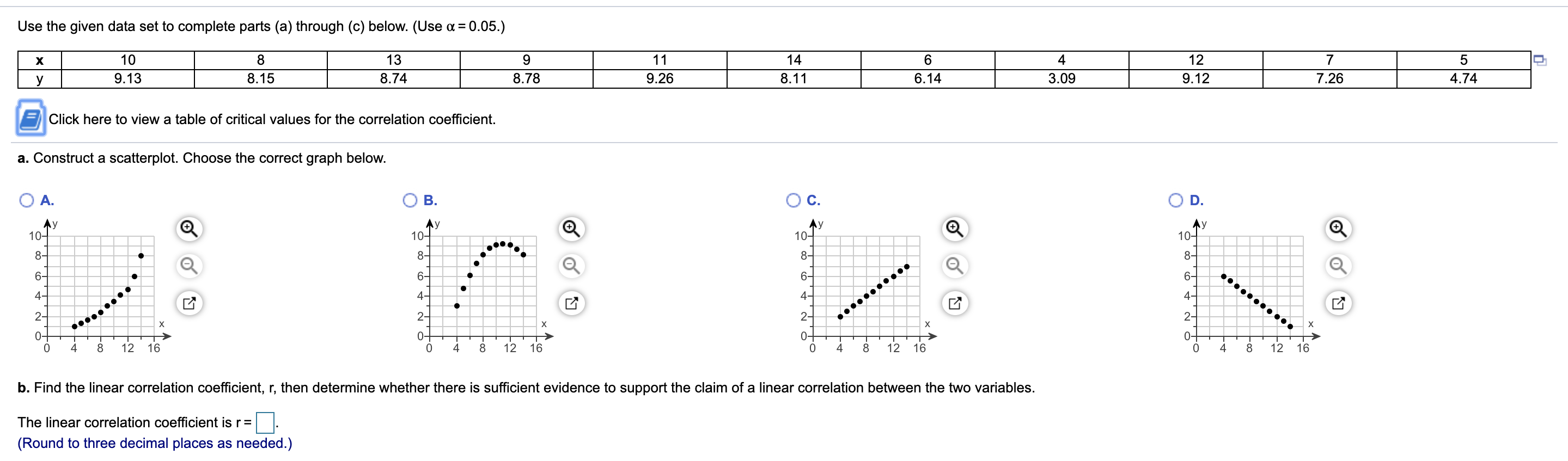 Use the given data set to complete parts (a) through (c) below. (Use a = 0.05.)
х
10
8.
13
9.
11
14
4
12
7
5
y
9.13
8.15
8.74
8.78
9.26
8.11
6.14
3.09
9.12
7.26
4.74
Click here to view a table of critical values for the correlation coefficient.
a. Construct a scatterplot. Choose the correct graph below.
A.
B.
C.
D.
Ay
10-
8-
Ay
10-
Ay
10-
8-
Ay
10-
8-
8-
6-
6-
6-
6-
4-
4-
4-
4-
.........
2-
2-
2-
2-
х
х
0+
4
0-
0-
0-
8
8
8
12
16
4
12
16
4
12 16
8
12
16
b. Find the linear correlation coefficient, r, then determine whether there is sufficient evidence to support the claim of a linear correlation between the two variables.
The linear correlation coefficient is r=
(Round to three decimal places as needed.)
