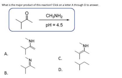 What is the major product of this reaction? Click on a letter A through D to answer.
CH3NH2
pH = 4.5
`NH
`NH
A.
C.
D.
В.
