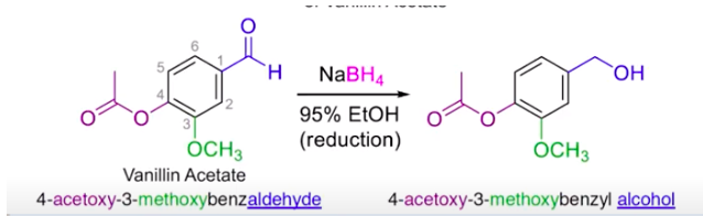 H.
NABH4
`OH
95% EtOΗ
ÓCH3
(reduction)
ÓCH3
Vanillin Acetate
4-acetoxy-3-methoxybenzaldehyde
4-acetoxy-3-methoxybenzyl alcohol
