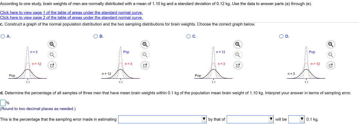 According to one study, brain weights of men are normally distributed with a mean of 1.10 kg and a standard deviation of 0.12 kg. Use the data to answer parts (a) through (e).
Click here to view page 1 of the table of areas under the standard normal curve.
Click here to view page 2 of the table of areas under the standard normal curve.
c. Construct a graph of the normal population distribution and the two sampling distributions for brain weights. Choose the correct graph below.
OA.
C.
D.
n = 3
Роp
n = 12
Роp
n = 12
n = 3
n = 3
n = 12
n = 12
n = 3
Роp
Рор
1.1
1.1
1.1
1.1
d. Determine the percentage of all samples of three men that have mean brain weights within 0.1 kg of the population mean brain weight of 1.10 kg. Interpret your answer in terms of sampling error.
(Round to two decimal places as needed.)
This is the percentage that the sampling error made in estimating
by that of
will be
0.1 kg.
