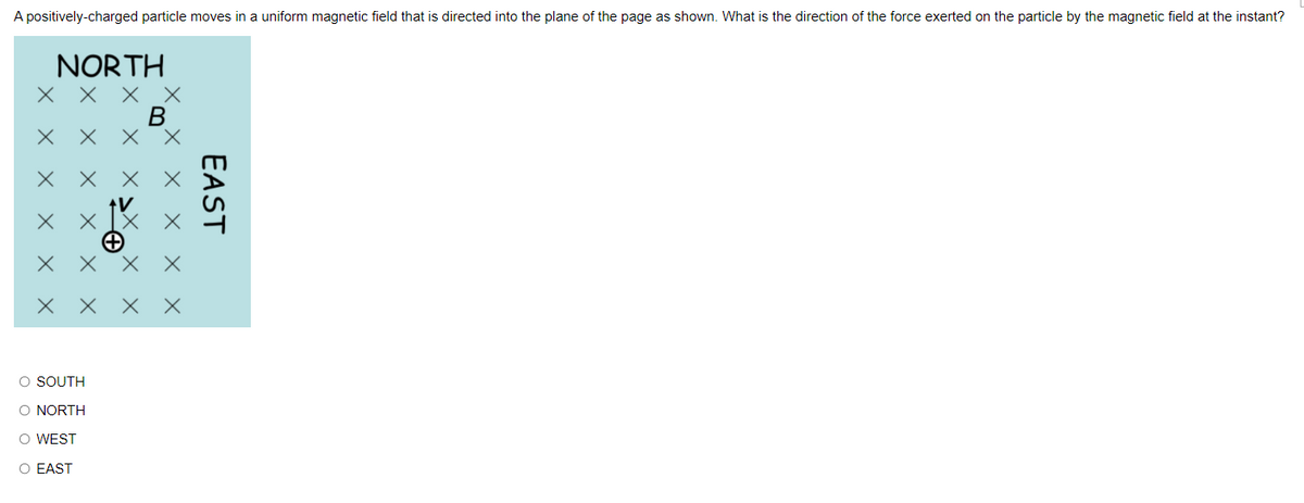 A positively-charged particle moves in a uniform magnetic field that is directed into the plane of the page as shown. What is the direction of the force exerted on the particle by the magnetic field at the instant?
X
X
X
X
NORTH
O SOUTH
O NORTH
O WEST
O EAST
x
EAST
