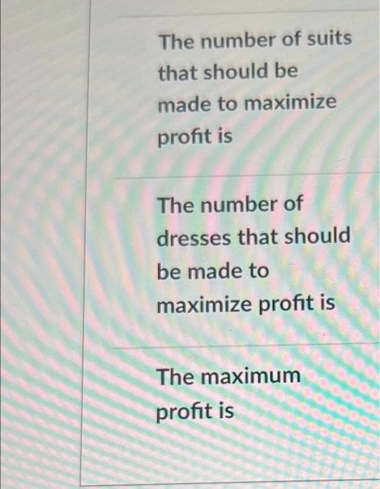 The number of suits
that should be
made to maximize
profit is
The number of
dresses that should
be made to
maximize profit is
The maximum
profit is