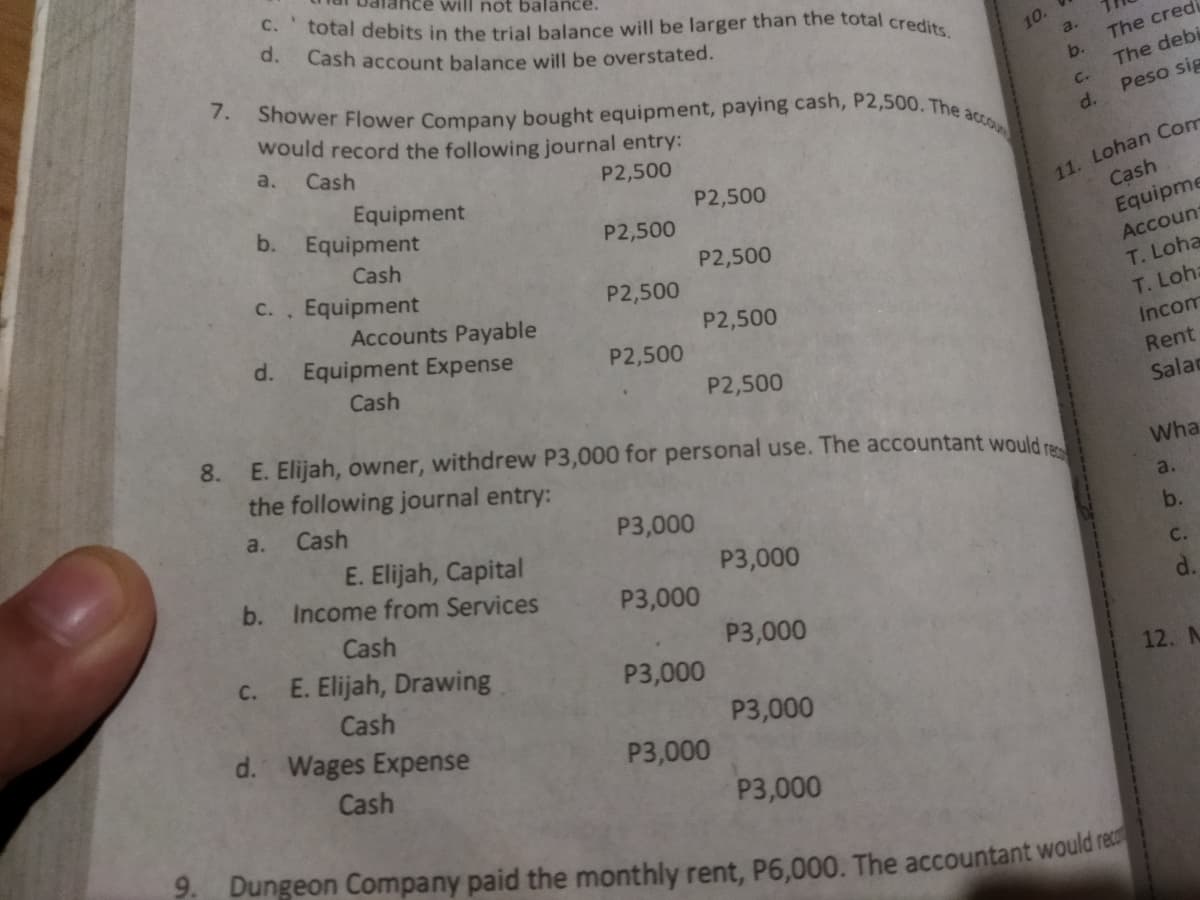 Shower Flower Company bought equipment, paying cash, P2,500. The accou
C.
will not balance.
total debits in the trial balance will be larger than the total credits
d. Cash account balance will be overstated.
7.
10.
a.
The credi
b.
The debi
would record the following journal entry:
C.
Peso sig
a.
Cash
d.
P2,500
Equipment
b. Equipment
11. Lohan Com
Cash
P2,500
P2,500
Cash
Equipme
c.. Equipment
P2,500
Account
P2,500
Accounts Payable
d. Equipment Expense
T. Loha
P2,500
T. Loha
P2,500
Incom
Cash
P2,500
Rent
8.
Salar
E. Elijah, owner, withdrew P3,000 for personal use. The accountant would ra
the following journal entry:
Wha
a.
Cash
P3,000
a.
E. Elijah, Capital
Income from Services
b.
b.
P3,000
c.
P3,000
Cash
P3,000
C.
E. Elijah, Drawing
P3,000
Cash
12. N
d. Wages Expense
P3,000
P3,000
Cash
P3,000
9. Dungeon Company paid the monthly rent, P6,000. The accountant would ra
