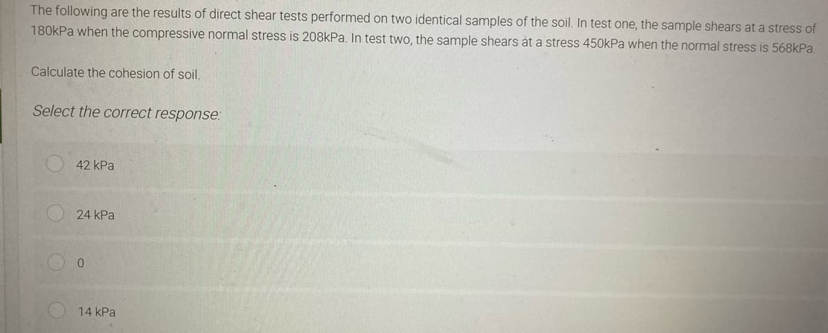 The following are the results of direct shear tests performed on two identical samples of the soil. In test one, the sample shears at a stress of
180kPa when the compressive normal stress is 208kPa. In test two, the sample shears at a stress 450kPa when the normal stress is 568kPa.
Calculate the cohesion of soil.
Select the correct response:
42 kPa
24 kPa
0
14 kPa