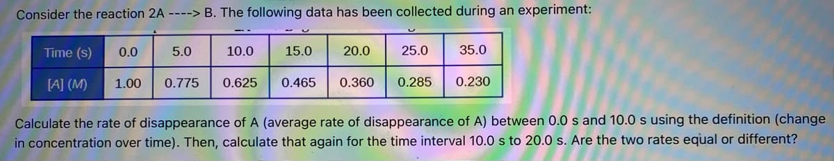 Consider the reaction 2A ----> B. The following data has been collected during an experiment:
Time (s)
0.0
5.0
10.0
15.0
20.0
25.0
35.0
[A] (M)
1.00
0.775
0.625
0.465
0.360
0.285
0.230
Calculate the rate of disappearance of A (average rate of disappearance of A) between 0.0 s and 10.0 s using the definition (change
in concentration over time). Then, calculate that again for the time interval 10.0 s to 20.0 s. Are the two rates equal or different?
