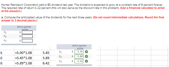 Hunter Petroleum Corporation pald a $5 dividend last year. The dividend is expected to grow at a constant rate of 8 percent forever.
The required rate of return is 22 percent (this will also serve as the discount rate in this problem). (Use a Financlal calculator to arrive
at the answers.)
a. Compute the anticipated value of the dividends for the next three years. (Do not round Intermediate calculations. Round the final
answer to 3 decimal places.)
Anticipated
value
D2
D3
Anticipated
value
1
=5.00*1.08
5.45
D1
5.45
D2
5.89
2
=5.45*1.08
5.89
D3
6.42
13
=5.89*1.08
6.42
