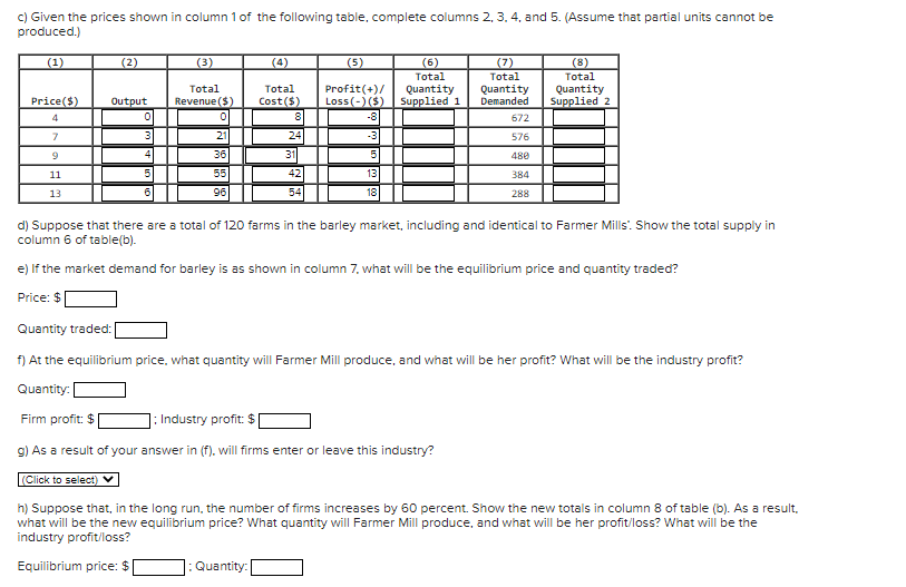 c) Given the prices shown in column 1 of the following table, complete columns 2, 3. 4, and 5. (Assume that partial units cannot be
produced.)
(1)
(2)
(3)
(4)
(5)
(7)
(6)
Total
Quantity
Supplied 1
(8)
Total
Quantity
Supplied 2
Total
Total
Total
Revenue ($)
Profit(+)/
Loss(-) ($)
Quantity
Demanded
Price($)
Output
Cost($)
4
8
-8
672
7
3
21
24
-3
576
4
36
31
480
11
55
42
13
384
13
96
54
18
288
d) Suppose that there are a total of 120 farms in the barley market, including and identical to Farmer Mills'. Show the total supply in
column 6 of table(b).
e) If the market demand for barley is as shown in column 7. what will be the equilibrium price and quantity traded?
Price: $
Quantity traded:
f) At the equilibrium price, what quantity will Farmer Mill produce, and what will be her profit? What will be the industry profit?
Quantity
Firm profit: $
]: Industry profit: $
9) As a result of your answer in (f). will firms enter or leave this industry?
(Click to select)
h) Suppose that, in the long run, the number of firms increases by 60 percent. Show the new totals in column 8 of table (b). As a result,
what will be the new equilibrium price? What quantity will Farmer Mill produce, and what will be her profit/loss? What will be the
industry profit/loss?
Equilibrium price: $
:Quantity: [
