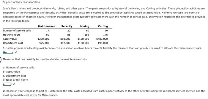 Support activity cost allocation
Jake's Gems mines and produces diamonds, rubies, and other gems. The gems are produced by way of the Mining and Cutting activities. These production activities are
supported by the Maintenance and Security activities. Security costs are allocated to the production activities based on asset value. Maintenance costs are normally
allocated based on machine hours. However, Maintenance costs typically correlate more with the number of service calls. Information regarding the activities is provided
in the following table:
Number of service calls
Machine hours
Asset value
Maintenance
17
89
$200,000
$25,000
Security
20
88
$80,000
$42,500
Mining
60
182
$120,000
$160,000
Cutting
20
176
Measures that can possibly be used to allocate the maintenance costs.
a. Number of service calls
b. Asset value
c. Department cost
d. None of the above
$480,000
$95,000
Department cost
1. Is the process of allocating maintenance costs based on machine hours correct? Identify the measure than can possibly be used to allocate the maintenance costs.
No
2. Based on your response to part (1), determine the total costs allocated from each support activity to the other activities using the reciprocal services method and the
most appropriate cost driver for Maintenance.