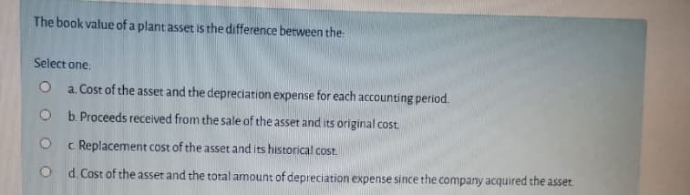 The book value of a plant asset is the difference between the:
