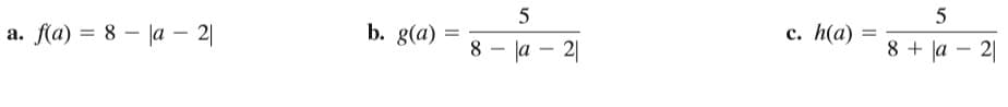 b. g(a)
с. h(a)
8 + ļa – 2|
а. f(a) %3D 8 — |а — 2
8 - la – 2|
