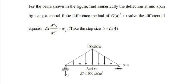 For the beam shown in the figure, find numerically the deflection at mid-span
by using a central finite difference method of O(h) to solve the differential
dª
equation El
=w. (Take the step size h = L/4)
100 kN/m
L-4 m
El=1000 kN.m²