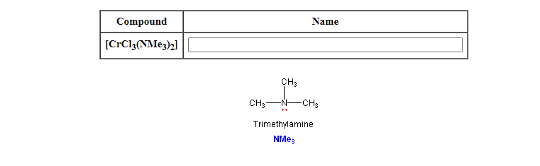 Compound
Name
[CrClg(NM@3)2]
CH3
CH;-N-
-CH3
Trimethylamine
