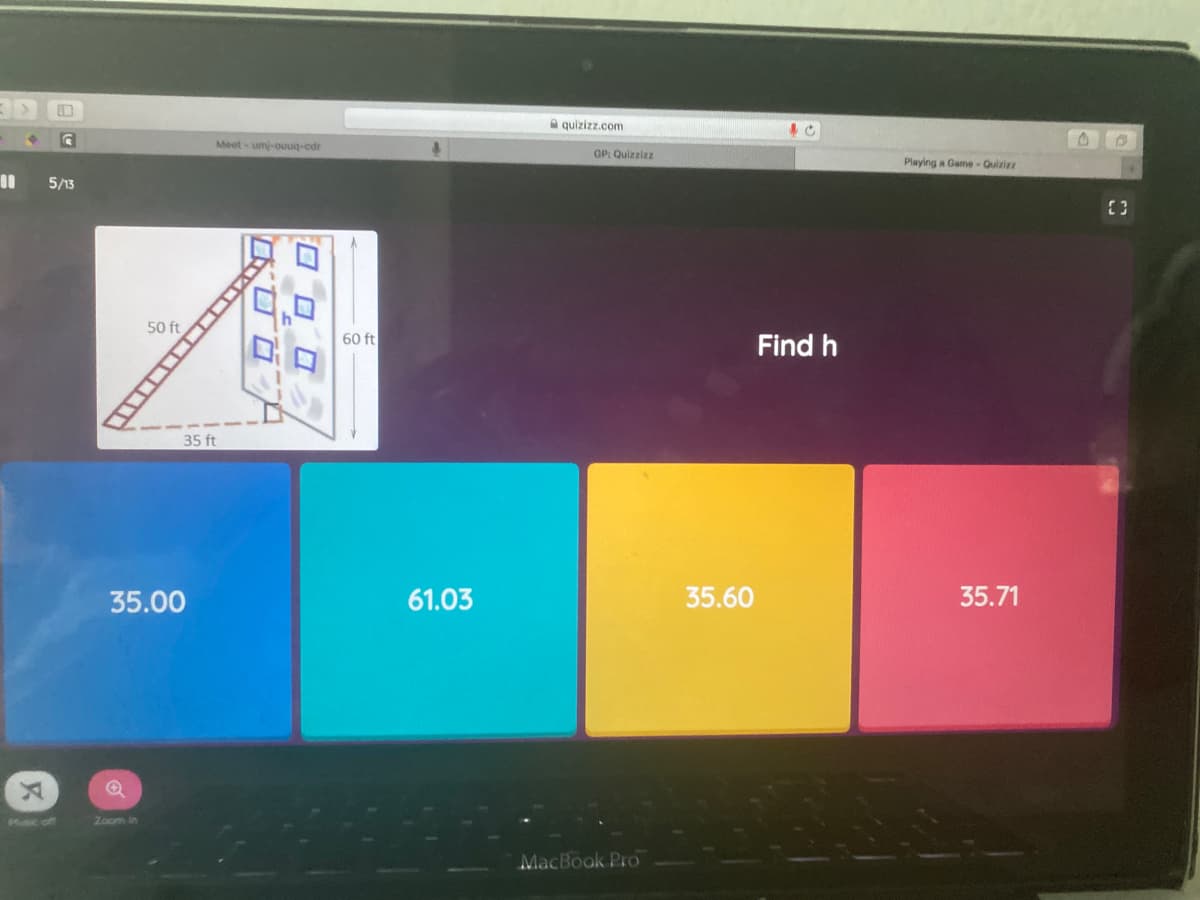 **Problem Explanation:**

The image displays a ladder leaning against a building, forming a right triangle. The length of the ladder is 50 feet, and the horizontal distance from the base of the ladder to the building is 35 feet. The problem requires finding the height \( h \), which is the vertical distance from the ground to the point where the ladder touches the building.

**Diagram Details:**
- The ladder forms the hypotenuse of the right triangle.
- The horizontal distance (base of the triangle) is 35 feet.
- The hypotenuse (ladder) is 50 feet.
- The vertical height \( h \) from the ground to the point where the ladder touches the building needs to be determined.

**Multiple Choice Answers:**
- 35.00 ft
- 61.03 ft
- 35.60 ft
- 35.71 ft

**Mathematical Solution:**
To find \( h \), we can use the Pythagorean theorem. For a right triangle:

\[ a^2 + b^2 = c^2 \]

Where:
- \( a \) is the horizontal distance (35 ft)
- \( b \) is the vertical height \( h \)
- \( c \) is the length of the ladder (50 ft)

Plugging in the known values:

\[ 35^2 + h^2 = 50^2 \]
\[ 1225 + h^2 = 2500 \]
\[ h^2 = 2500 - 1225 \]
\[ h^2 = 1275 \]
\[ h = \sqrt{1275} \]
\[ h \approx 35.71 \]

Therefore, the correct answer is **35.71 ft**.