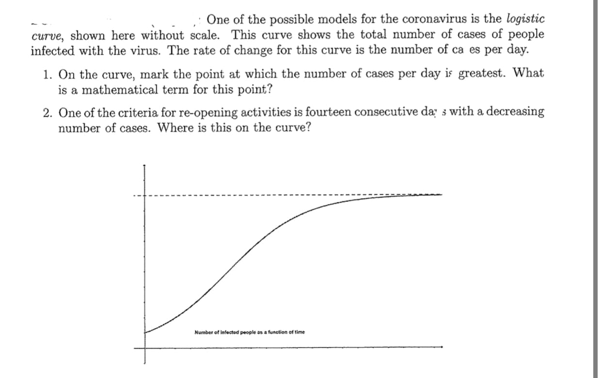 One of the possible models for the coronavirus is the logistic
curve, shown here without scale. This curve shows the total number of cases of people
infected with the virus. The rate of change for this curve is the number of ca es per day.
1. On the curve, mark the point at which the number of cases per day is greatest. What
is a mathematical term for this point?
2. One of the criteria for re-opening activities is fourteen consecutive da s with a decreasing
number of cases. Where is this on the curve?
Number of Infected people as a function of time
