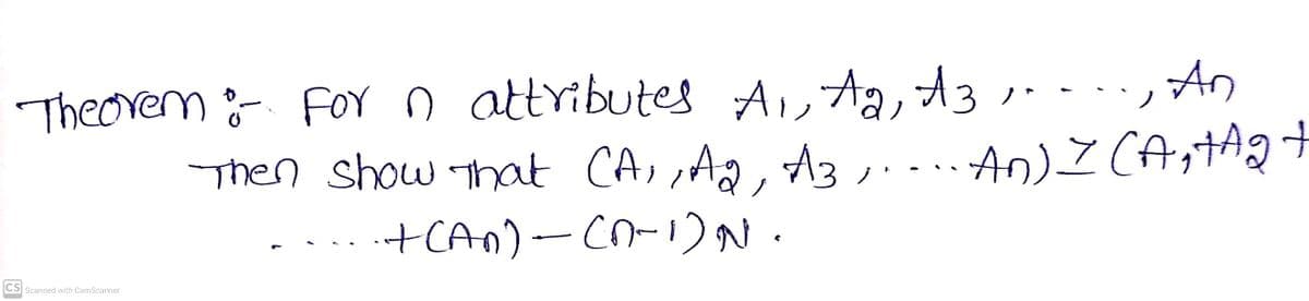 Theorem : Forn attributes AiA ., An
Then show Thoat CA,,Ag, A3 ,.. AnI CA
,tAg
+CAn)-Cn-12N.
CS Scanned with CamScanner
