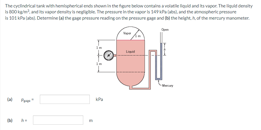 The cyclindrical tank with hemispherical ends shown in the figure below contains a volatile liquid and its vapor. The liquid density
is 800 kg/m³, and its vapor density is negligible. The pressure in the vapor is 149 kPa (abs), and the atmospheric pressure
is 101 kPa (abs). Determine (a) the gage pressure reading on the pressure gage and (b) the height, h, of the mercury manometer.
(a)
(b)
Pgage=
h =
m
1m
1m
Į
kPa
Vapor
Liquid
Open
Mercury