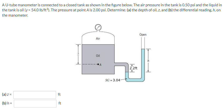 A U-tube manometer is connected to a closed tank as shown in the figure below. The air pressure in the tank is 0.50 psi and the liquid in
the tank is oil (y = 54.0 lb/ft3). The pressure at point A is 2.00 psi. Determine: (a) the depth of oil, z, and (b) the differential reading, h, on
the manometer.
(a) z =
(b) h =
ft
ft
Air
Oil
SG=3.04-
FN
INT
2.2ft
Open