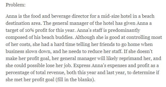 Problem:
Anna is the food and beverage director for a mid-size hotel in a beach
destination area. The general manager of the hotel has given Anna a
target of 10% profit for this year. Anna's staff is predominantly
composed of his beach buddies. Although she is good at controlling most
of her costs, she had a hard time telling her friends to go home when
business slows down, and he needs to reduce her staff. If she doesn't
make her profit goal, her general manager will likely reprimand her, and
she could possible lose her job. Express Anna's expenses and profit as a
percentage of total revenue, both this year and last year, to determine if
she met her profit goal (fill in the blanks).
