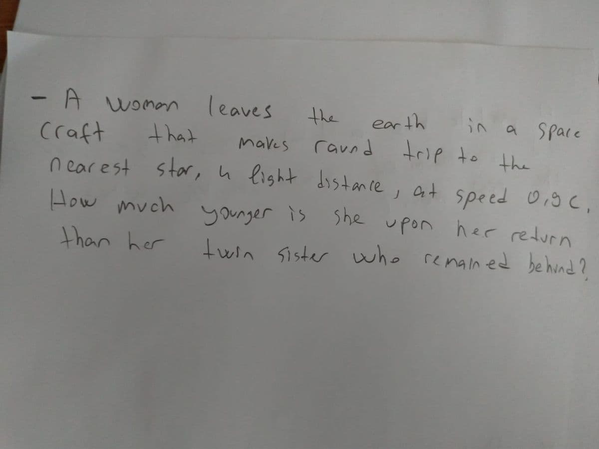 -A wonan leaves
craft
n earest star, u light
the
ear th
in a Space
a space
that
trie to the
maves
ravnd
distanre , at speed 0,9C,
younger is She upon her redurn
How
much
than her
twin sister who remained behind?
