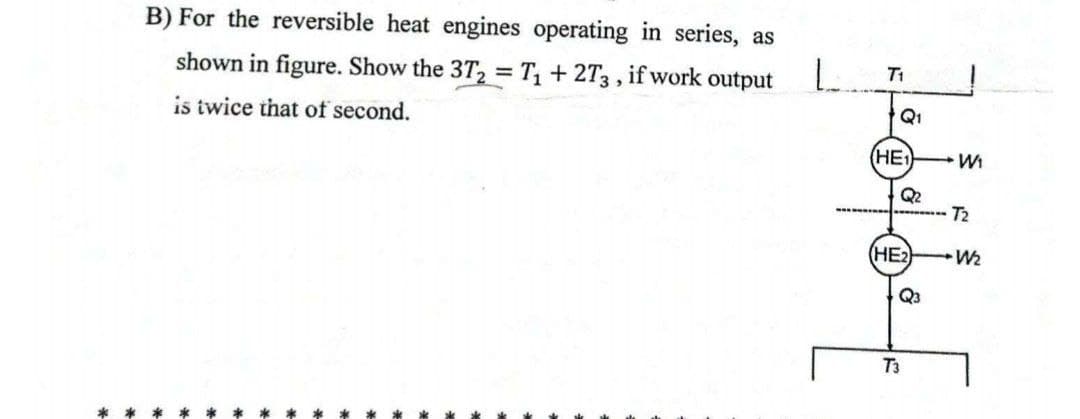 B) For the reversible heat engines operating in series, as
shown in figure. Show the 3T₂ = T₁+2T3, if work output
is twice that of second.
L
Jebe def
(HE₁
(HE2