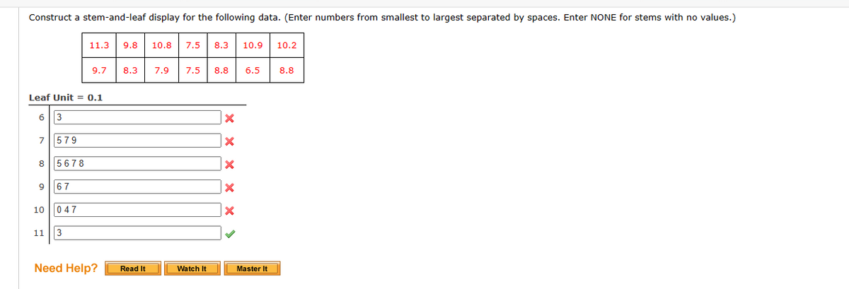 Construct a stem-and-leaf display for the following data. (Enter numbers from smallest to largest separated by spaces. Enter NONE for stems with no values.)
7 579
Leaf Unit = 0.1
6 3
8
9
5678
67
10 047
11.3
11 3
9.7
Need Help?
9.8 10.8 7.5 8.3 10.9
8.3 7.9 7.5 8.8 6.5
Read It
Watch It
X
X
X
x
X
Master It
10.2
8.8