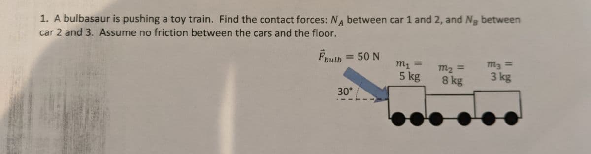 1. A bulbasaur is pushing a toy train. Find the contact forces: NA between car 1 and 2, and Ng between
car 2 and 3. Assume no friction between the cars and the floor.
Foulb = 50 N
%3D
m2 3=
8 kg
m3 3=
3 kg
%3D
5 kg
30°
