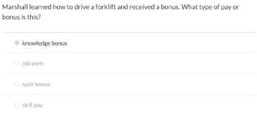 Marshall learned how to drive a forklift and received a bonus. What type of pay or
bonus is this?
knowledge bonus
job perk
spot bonus
skill pay
