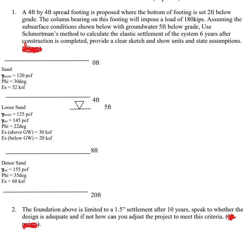 1. A 4ft by 4ft spread footing is proposed where the bottom of footing is set 2ft below
grade. The column bearing on this footing will impose a load of 180kips. Assuming the
subsurface conditions shown below with groundwater 5ft below grade, Use
Schmertman's method to calculate the elastic settlement of the system 6 years after
construction is completed, provide a clear sketch and show units and state assumptions.
Oft
Sand
Ymoist = 120 pcf
Phi = 30deg
Es = 52 ksf
4ft
Loose Sand
5ft
Ymoist = 125 pcf
Yat = 145 pcf
Phi = 22deg
Es (above GW) = 30 ksf
Es (below GW) = 20 ksf
8ft
Dense Sand
Ysat = 155 pcf
Phi = 35deg
Es = 60 ksf
20ft
2. The foundation above is limited to a 1.5" settlement after 10 years, speak to whether the
design is adequate and if not how can you adjust the project to meet this criteria.
