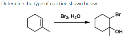 Determine the type of reaction shown below:
Br
Br2, H20
HO,
