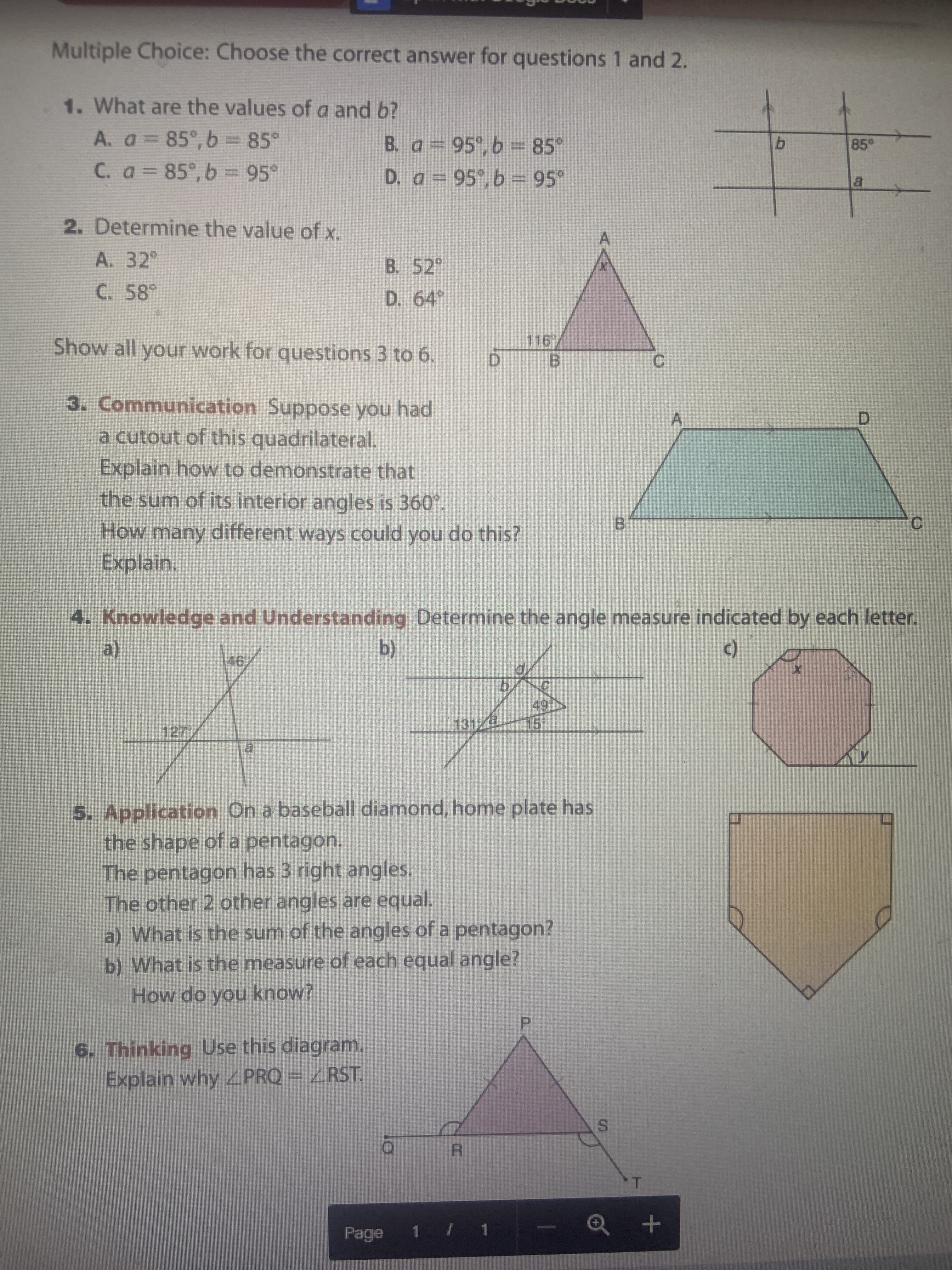 What are the values of a and b?
A. a= 85°, b = 85°
C. a 85°, b = 95°
B. a 95°, b =85°
D. a 95°, b = 95°
%3D
