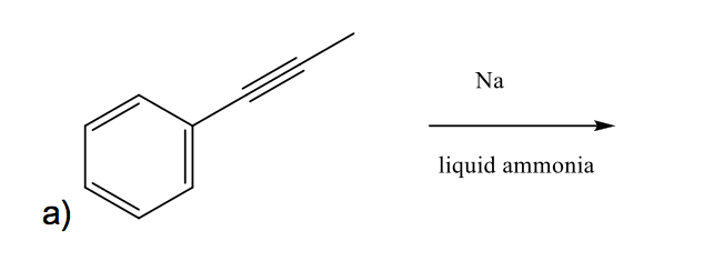 ### Chemical Reaction Explanation

**Reactants:**
- Starting material: A benzene ring attached to an alkyne group (phenylacetylene).
- Reactants: Sodium (Na) and liquid ammonia (NH₃).

**Diagram Description:**

The diagram depicts a chemical reaction where phenylacetylene is transformed using sodium (Na) in the presence of liquid ammonia. In the image:
- The left side shows the structural formula of phenylacetylene, with a benzene ring (hexagon with alternating double bonds) attached to a carbon-carbon triple bond (an alkyne).
- To the right, there is an arrow indicating a reaction, with "Na" and "liquid ammonia" above and below the arrow, respectively.

### Reaction Description:

This representation signifies the process of reducing a carbon-carbon triple bond to a trans (E)-alkene using sodium in liquid ammonia. This reaction is an example of the Birch Reduction. During this reduction process:
1. Sodium donates electrons to the carbon-carbon triple bond.
2. Liquid ammonia acts as the solvent and also provides protons to the intermediate species formed.

The overall transformation results in the conversion of the alkyne group (triple bond) into a trans-alkene (double bond). This specific reaction setup hints at the reduction specifics, important for organic synthesis and understanding the properties and reactivities of different hydrocarbons. 

This kind of chemical transformation is particularly useful in organic chemistry for modifications of complex molecules, facilitating the synthesis of various compounds with specific configurations and functionalities.