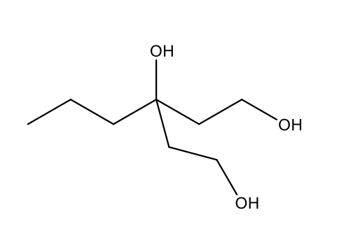 ### Chemical Structure of Glycerol

The image above displays the structural formula of Glycerol, also known as propane-1,2,3-triol. Glycerol is a simple polyol compound with the molecular formula C3H8O3. It is a colorless, odorless, viscous liquid that is sweet-tasting and non-toxic. 

#### Structure Description:
- There are three carbon (C) atoms in the backbone.
- Each carbon atom is bonded to one hydroxyl group (OH), indicating that glycerol contains three hydroxyl groups.
- The first carbon atom is bonded to two hydrogen (H) atoms and one hydroxyl (OH) group. 
- The second carbon atom is bonded to one hydrogen atom, one hydroxyl group (OH), and a carbon atom on each side.
- The third carbon atom is bonded to two hydrogen atoms and one hydroxyl (OH) group.
  
### Educational Significance:
Glycerol is an important molecule in biology and chemistry. It serves as a building block for triglycerides and phospholipids, which are essential components of cell membranes. In industries, glycerol is used in food sweeteners, pharmaceuticals, and cosmetics. Understanding its structure is vital for comprehending its role in various chemical reactions and biological processes.