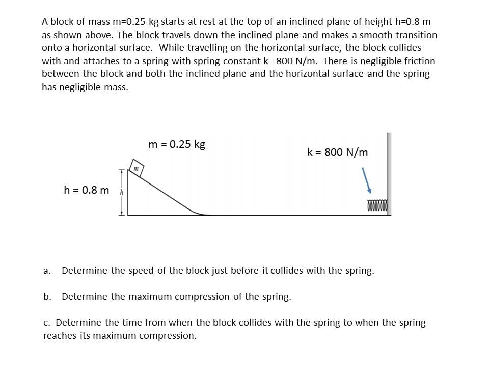 A block of mass m=0.25 kg starts at rest at the top of an inclined plane of height h=0.8 m
as shown above. The block travels down the inclined plane and makes a smooth transition
onto a horizontal surface. While travelling on the horizontal surface, the block collides
with and attaches to a spring with spring constant k= 800 N/m. There is negligible friction
between the block and both the inclined plane and the horizontal surface and the spring
has negligible mass.
m = 0.25 kg
k = 800 N/m
h = 0.8 m i
Determine the speed of the block just before it collides with the spring.
b. Determine the maximum compression of the spring.
c. Determine the time from when the block collides with the spring to when the spring
reaches its maximum compression.
