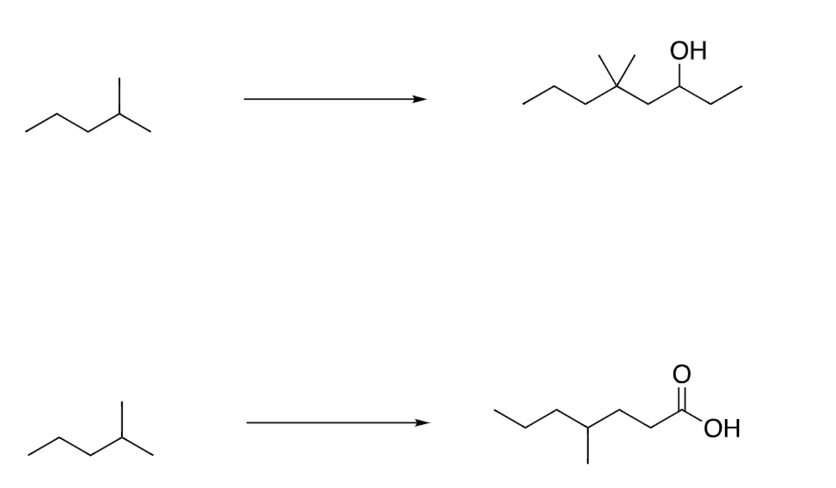 ### Chemical Reaction Pathways

This diagram shows two chemical reaction pathways, starting from the same reactant molecule and leading to two different products.

#### Reactants

The reactant molecule in both pathways is:
- **2-Methylpentane**: This is a linear hydrocarbon with a methyl group (CH₃) attached to the second carbon of a pentane chain.

#### Reaction Pathway 1 to Product 1

- **Product 1**: The product molecule on the top right is **3-Methylhexan-2-ol**.
  - It is a six-carbon chain where the second carbon is connected to a hydroxyl group (OH).
  - The third carbon also has a methyl group (CH₃) attached to it.
  
The reaction converted the initial hydrocarbon into an alcohol and added the methyl group to the correct carbon position.

#### Reaction Pathway 2 to Product 2

- **Product 2**: The product molecule on the bottom right is **6-Methylheptanoic Acid**.
  - It is a seven-carbon chain where the final carbon is part of a carboxylic acid group (COOH).
  - The third carbon in the chain carries a methyl group (CH₃).

The reaction converted the hydrocarbon into a carboxylic acid, also ensuring correct attachment of the methyl group.

#### Understanding the Diagram

- The arrows indicate the direction of the reaction from reactants to products.
- Each pathway represents a separate chemical reaction that the starting molecule undergoes to form the specific end product.

This diagram exemplifies how the same starting compound can undergo different transformations under different reaction conditions to yield structurally different molecules.