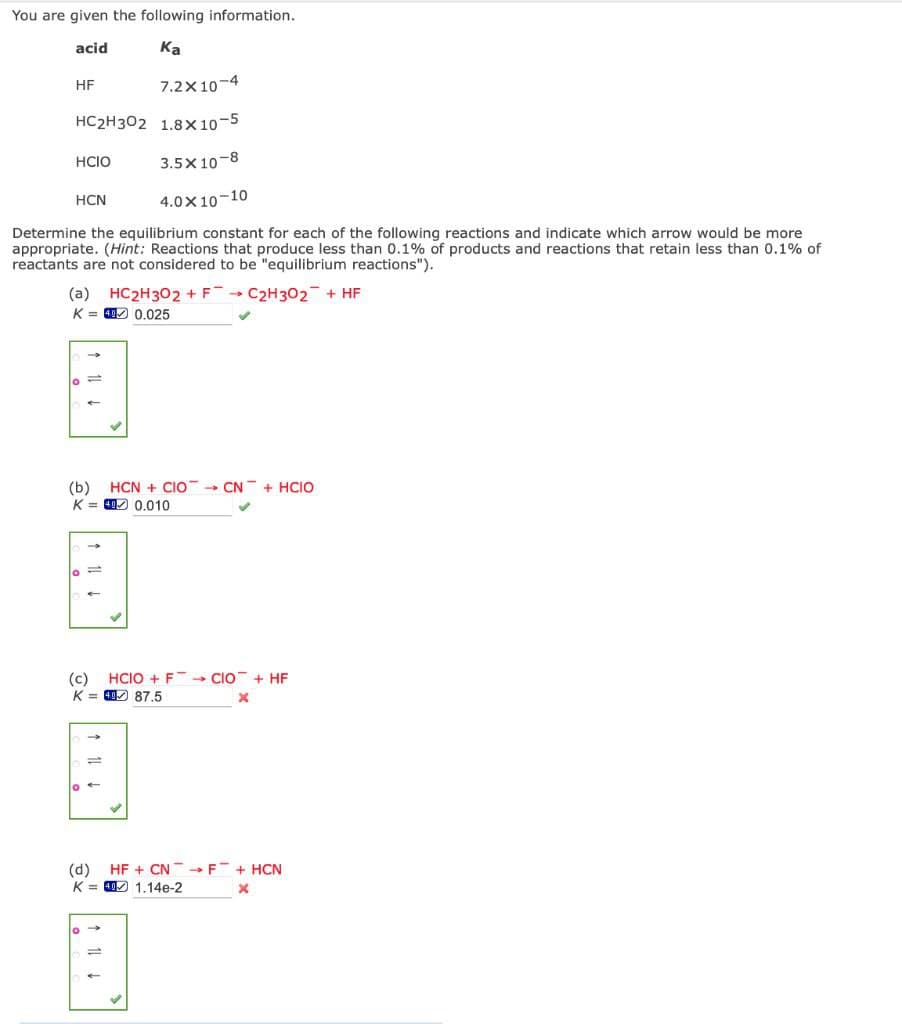 You are given the following information.
acid
Ка
HF
7.2X10-4
HC2H302 1.8×10-5
HCIO
3.5X10-8
HCN
4.0X10-10
Determine the equilibrium constant for each of the following reactions and indicate which arrow would be more
appropriate. (Hint: Reactions that produce less than 0.1% of products and reactions that retain less than 0.1% of
reactants are not considered to be "equilibrium reactions").
(a) HC2H302 + F C2H302
K = 0 0.025
+ HF
(b)
HCN + CIO - CN + HCIO
K = 40 0.010
(c) HCIO + F - CIO + HF
K = 40 87.5
lo+
(d)
HF + CN
+ HCN
K = 00 1.14e-2
