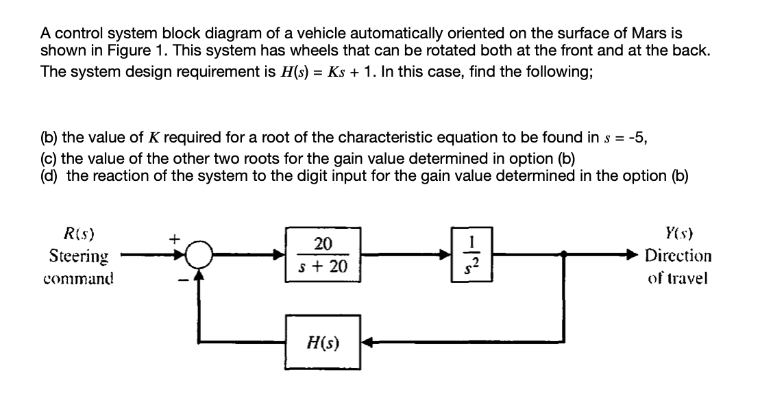 A control system block diagram of a vehicle automatically oriented on the surface of Mars is
shown in Figure 1. This system has wheels that can be rotated both at the front and at the back.
The system design requirement is H(s) = Ks + 1. In this case, find the following;
(b) the value of K required for a root of the characteristic equation to be found in s = -5,
(c) the value of the other two roots for the gain value determined in option (b)
(d) the reaction of the system to the digit input for the gain value determined in the option (b)
R(s)
Y(s)
20
Steering
Direction
s+ 20
command
of travel
H(s)
