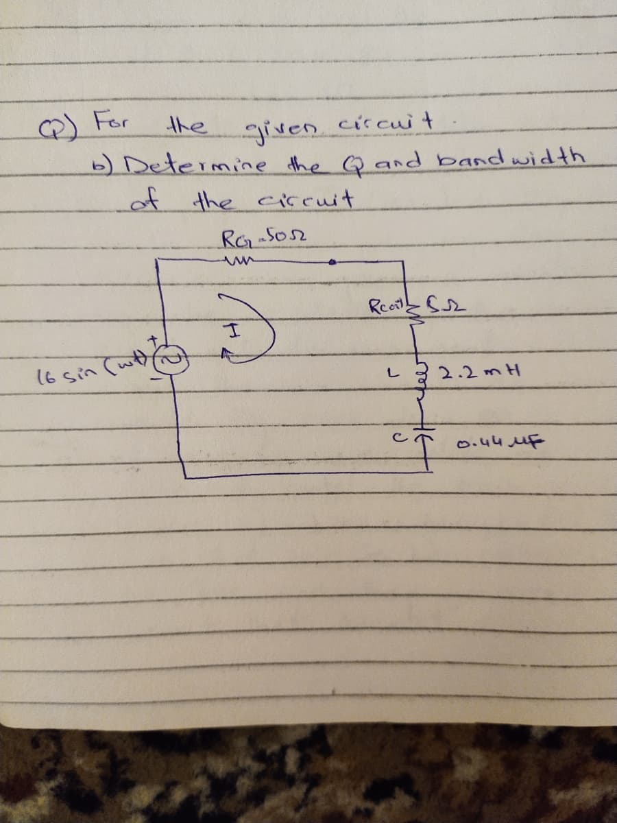 2) For
the
circuit
griven.
b) Determine the Qand band width
of the ciccuit
(6 sin (wth o
2.2 mH
し
o.44 uF
