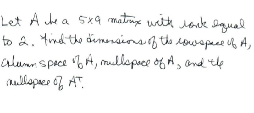 Let A che a 5x9 matrix with lonk equal
to 2. find the dimensions of the rowspace of A
Column space of A, mullspace of A, and the
nullspace of AT.