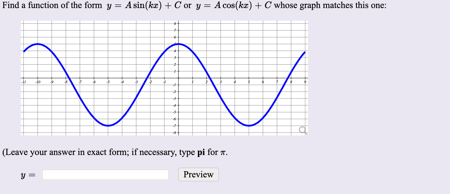 Find a function of the form y
A sin(kæ) + C or y = A cos(kx) + C whose graph matches this one:
-11
-10
-9
-8
-7
-6
-5
-4
-3
-2
-1
-7
-8-
(Leave your answer in exact form; if necessary, type pi for T.
Preview
