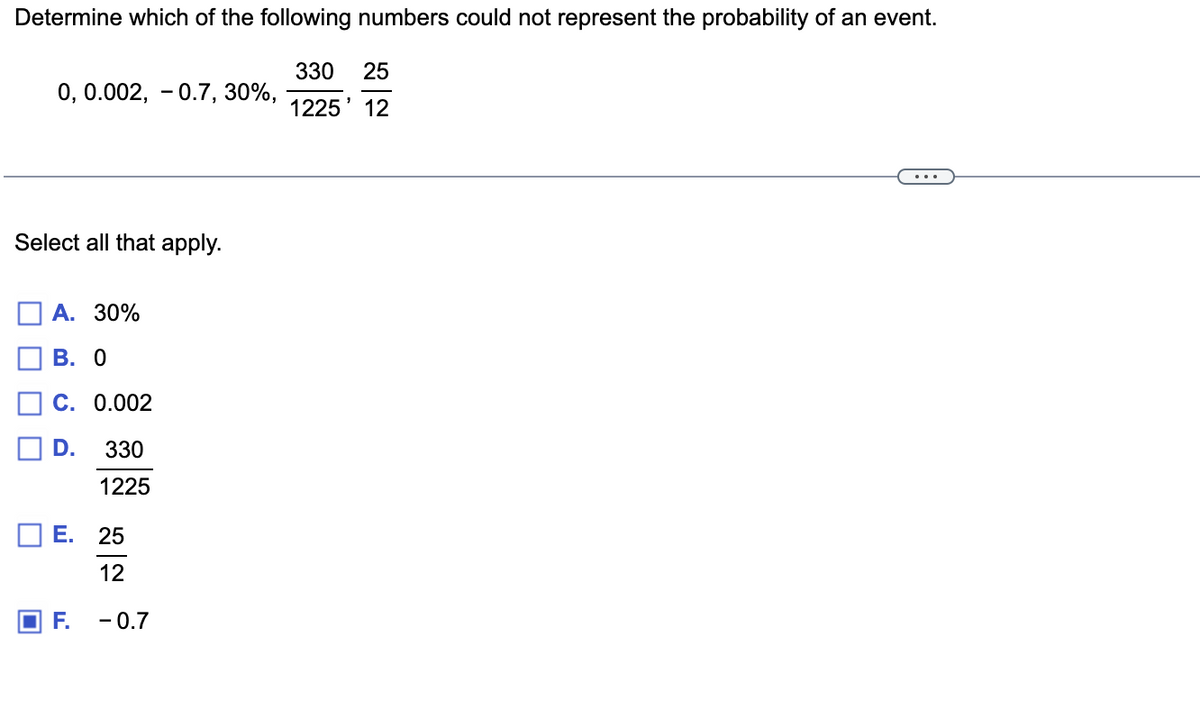 Determine which of the following numbers could not represent the probability of an event.
330 25
1225' 12
0, 0.002,-0.7, 30%,
Select all that apply.
A. 30%
B. 0
C. 0.002
D. 330
1225
E. 25
12
F.
- 0.7