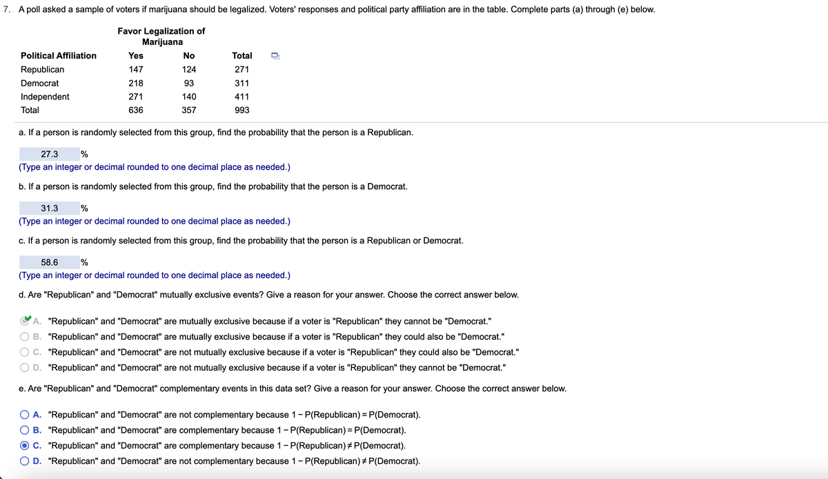 7. A poll asked a sample of voters if marijuana should be legalized. Voters' responses and political party affiliation are in the table. Complete parts (a) through (e) below.
Favor Legalization of
Marijuana
Yes
147
218
271
636
Political Affiliation
Republican
Democrat
Independent
Total
a. If a person is randomly selected from this group, find the probability that the person is a Republican.
No
124
93
140
357
Total
271
311
411
993
27.3
%
(Type an integer or decimal rounded to one decimal place as needed.)
b. If a person is randomly selected from this group, find the probability that the person is a Democrat.
31.3
%
(Type an integer or decimal rounded to one decimal place as needed.)
c. If a person is randomly selected from this group, find the probability that the person is a Republican or Democrat.
58.6
%
(Type an integer or decimal rounded to one decimal place as needed.)
d. Are "Republican" and "Democrat" mutually exclusive events? Give a reason for your answer. Choose the correct answer below.
A. "Republican" and "Democrat" are mutually exclusive because if a voter is "Republican" they cannot be "Democrat."
B. "Republican" and "Democrat" are mutually exclusive because if a voter is "Republican" they could also be "Democrat."
C. "Republican" and "Democrat" are not mutually exclusive because if a voter is "Republican" they could also be "Democrat."
D. "Republican" and "Democrat" are not mutually exclusive because if a voter is "Republican" they cannot be "Democrat."
e. Are "Republican" and "Democrat" complementary events in this data set? Give a reason for your answer. Choose the correct answer below.
A. "Republican" and "Democrat" are not complementary because 1 - P(Republican) = P(Democrat).
B. "Republican" and "Democrat" are complementary because 1 - P(Republican) = P(Democrat).
C. "Republican" and "Democrat" are complementary because 1 - P(Republican) # P(Democrat).
D. "Republican" and "Democrat" are not complementary because 1 - P(Republican) # P(Democrat).