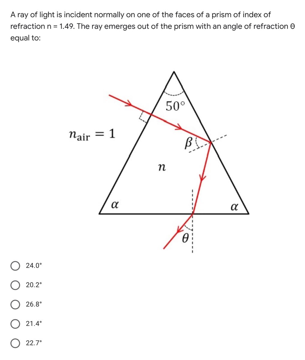 A ray of light is incident normally on one of the faces of a prism of index of
refraction n = 1.49. The ray emerges out of the prism with an angle of refraction e
equal to:
50°
Nair = 1
n
a
a
24.0°
20.2°
26.8°
21.4°
22.7°
