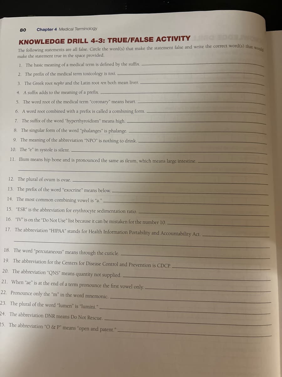 80 Chapter 4 Medical Terminology
KNOWLEDGE DRILL 4-3: TRUE/FALSE ACTIVITY
The following statements are all false. Circle the word(s) that make the statement false and write the correct word(s) that would
make the statement true in the space provided.
1. The basic meaning of a medical term is defined by the suffix.
2. The prefix of the medical term toxicology is toxi.
3. The Greek root nephr and the Latin root ren both mean liver..
4. A suffix adds to the meaning of a prefix.
5. The word root of the medical term "coronary" means heart..
6. A word root combined with a prefix is called a combining form.
7. The suffix of the word "hyperthyroidism" means high.
8. The singular form of the word "phalanges" is phalange..
9. The meaning of the abbreviation "NPO" is nothing to drink.
10. The "e" in systole is silent.
11. Ilium means hip bone and is pronounced the same as ileum, which means large intestine..
12. The plural of ovum is ovae.
13. The prefix of the word "exocrine" means below..
14. The most common combining vowel is "a.".
15. "ESR" is the abbreviation for erythrocyte sedimentation ratio.
16. "IV" is on the "Do Not Use" list because it can be mistaken for the number 10..
17. The abbreviation "HIPAA" stands for Health Information Portability and Accountability Act.
18. The word "percutaneous" means through the cuticle.
19. The abbreviation for the Centers for Disease Control and Prevention is CDCP.
20. The abbreviation "QNS" means quantity not supplied.
21. When "ae" is at the end of a term pronounce the first vowel only..
22. Pronounce only the "m" in the word mnemonic.
23. The plural of the word "lumen" is "lumini."
24. The abbreviation DNR means Do Not Rescue.
and
25. The abbreviation "O & P" means "open
patent."