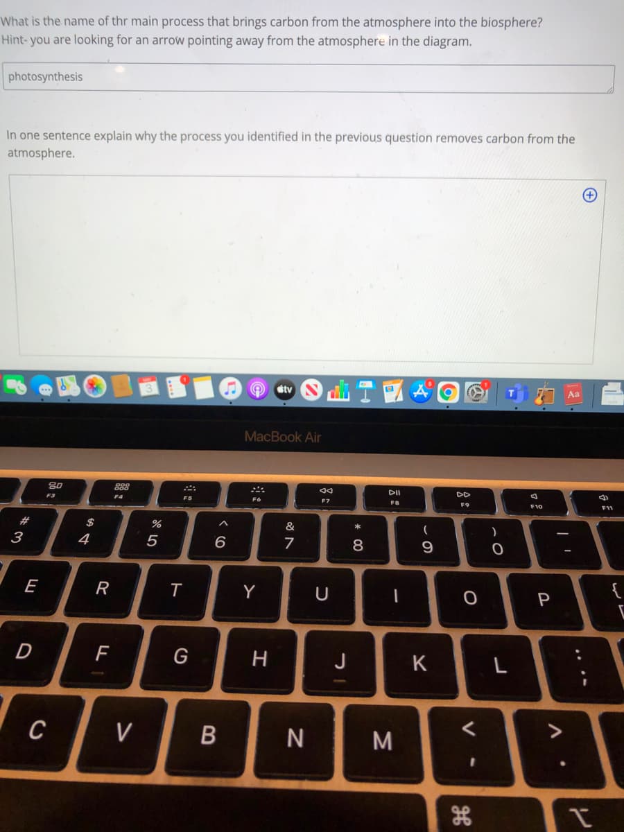 What is the name of thr main process that brings carbon from the atmosphere into the biosphere?
Hìnt- you are looking for an arrow pointing away from the atmosphere in the diagram.
photosynthesis
In one sentence explain why the process you identified in the previous question removes carbon from the
atmosphere.
stv
Aa
MacBook Air
80
DD
F3
F4
F5
F6
F7
F8
F9
F10
#
%
&
3
4
5
6
7
8
9
{
E
R
Y
D
F
J
K
C
V
N
M
* 00

