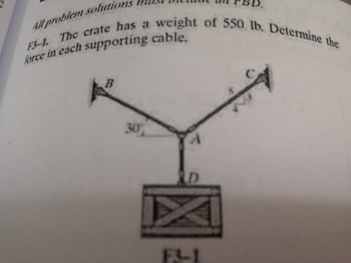 F3-L The crate has a weight of 550 lb. Determine the
All problem solutions
force in each supPporting cable.
B.
30
F3-1
