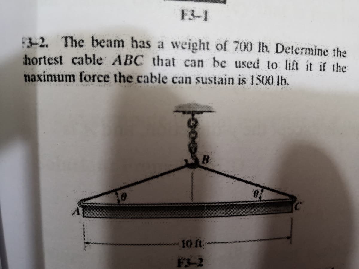 F3-1
3-2. The beam has a weight of 700 lb. Determine the
hortest cable ABC that can be used to lift it if the
naximum force the cable can sustain is 1500 lb.
B.
10 ft
F3-2
