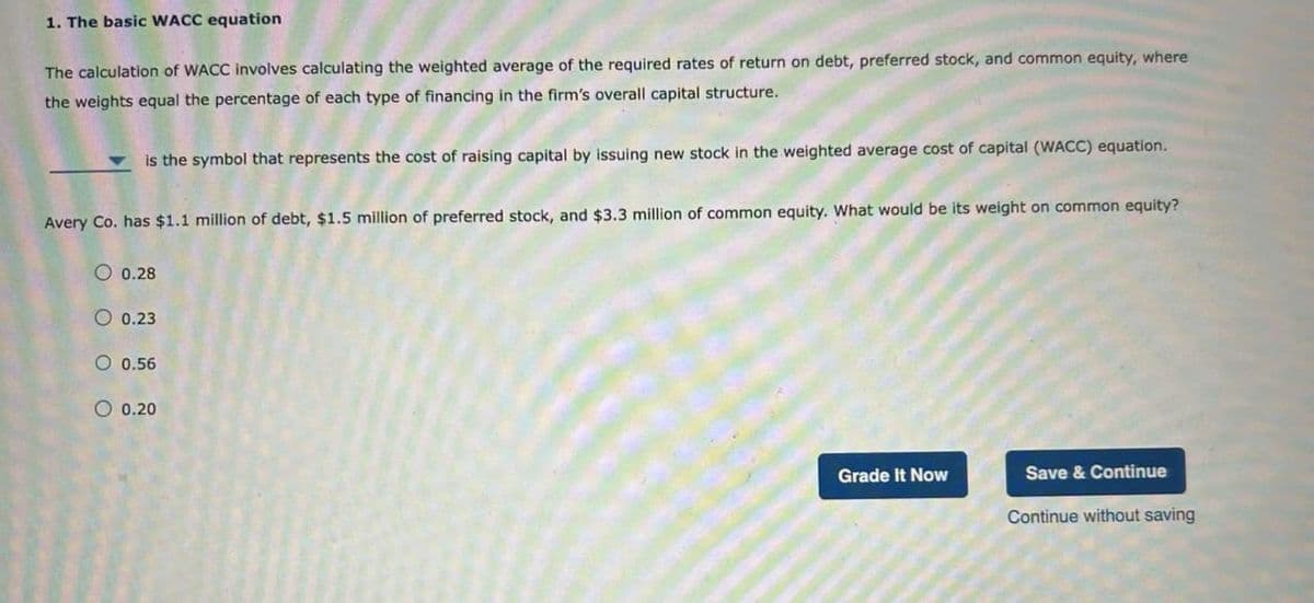 1. The basic WACC equation
The calculation of WACC involves calculating the weighted average of the required rates of return on debt, preferred stock, and common equity, where
the weights equal the percentage of each type of financing in the firm's overall capital structure.
is the symbol that represents the cost of raising capital by issuing new stock in the weighted average cost of capital (WACC) equation.
Avery Co. has $1.1 million of debt, $1.5 million of preferred stock, and $3.3 million of common equity. What would be its weight on common equity?
0.28
O 0.23
O 0.56
O 0.20
Grade It Now
Save & Continue
Continue without saving