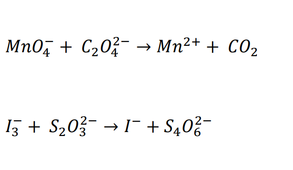 MnO, + C20?- → Mn²+ + CO2
4
13 + S203- → 1- + S40?-
