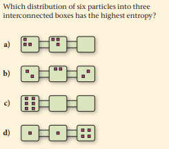 Which distribution of six particles into three
interconnected boxes has the highest entropy?
a)
b)
c)
