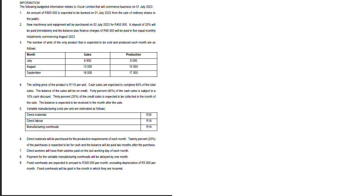 INFORMATION
The following budgeted information relates to Oscar Limited that will commence business on 01 July 2023:
1. An amount of R800 000 is expected to be banked on 01 July 2023 from the sale of ordinary shares to
the public.
New machinery and equipment will be purchased on 02 July 2023 for R400 000. A deposit of 25% will
be paid immediately and the balance plus finance charges of R60 000 will be paid in five equal monthly
instalments commencing August 2023.
The number of units of the only product that is expected to be sold and produced each month are as
follows:
Month
2.
3.
4.
6.
July
August
September
The selling price of the product is R110 per unit. Cash sales are expected to comprise 60% of the total
sales. The balance of the sales will be on credit. Forty percent (40%) of the cash sales is subject to a
10% cash discount. Thirty percent (30%) of the credit sales is expected to be collected in the month of
the sale. The balance is expected to be received in the month after the sale.
5. Variable manufacturing costs per unit are estimated as follows:
Direct materials
Direct labour
Manufacturing overheads
7.
8.
9.
Sales
6 800
13 000
16 000
Production
8 000
15 000
17 000
R30
R18
R14
Direct materials will be purchased for the production requirements of each month. Twenty percent (20%)
of the purchases is expected to be for cash and the balance will be paid two months after the purchase.
Direct workers will have their salaries paid on the last working day of each month.
Payment for the variable manufacturing overheads will be delayed by one month.
Fixed overheads are expected to amount to R300 000 per month, excluding depreciation of R5 000 per
month. Fixed overheads will be paid in the month in which they are incurred.